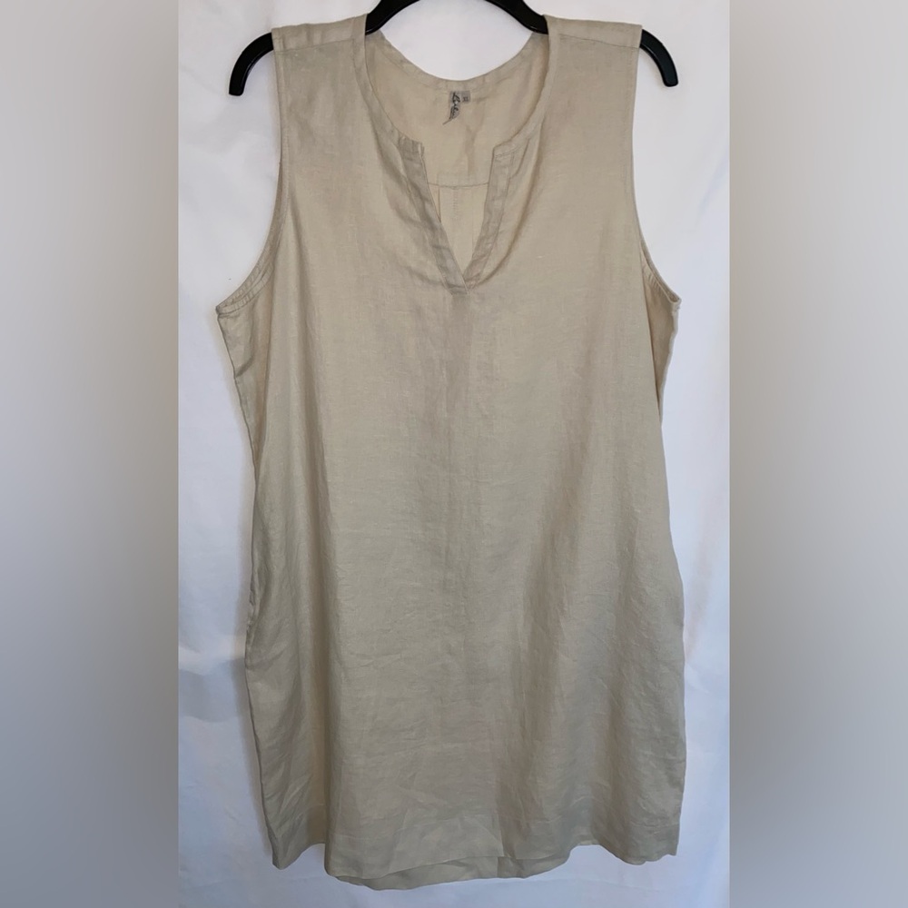 Lulu B Dress 100% Linen V-Neck Knee-Length Tank Style w/ Pocket‎ Decor XL